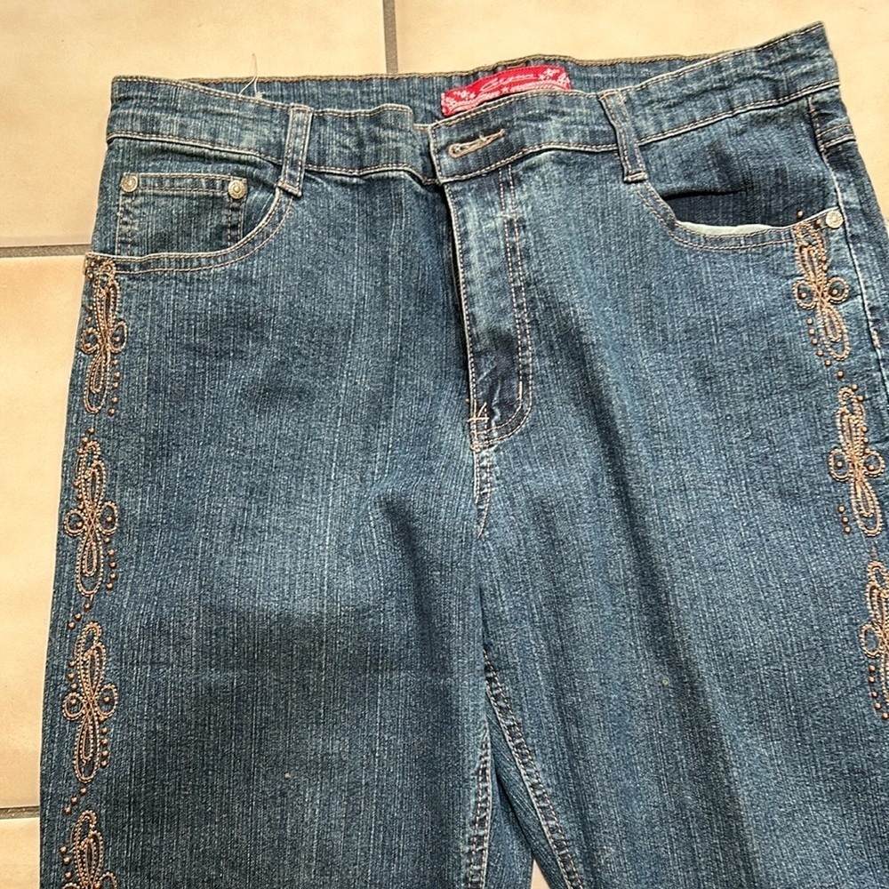 Cos Women’s Denim Y2K Boho Hippie Studded Embroidered Bootcut Blue Jeans Sz 12P - Picture 5 of 16